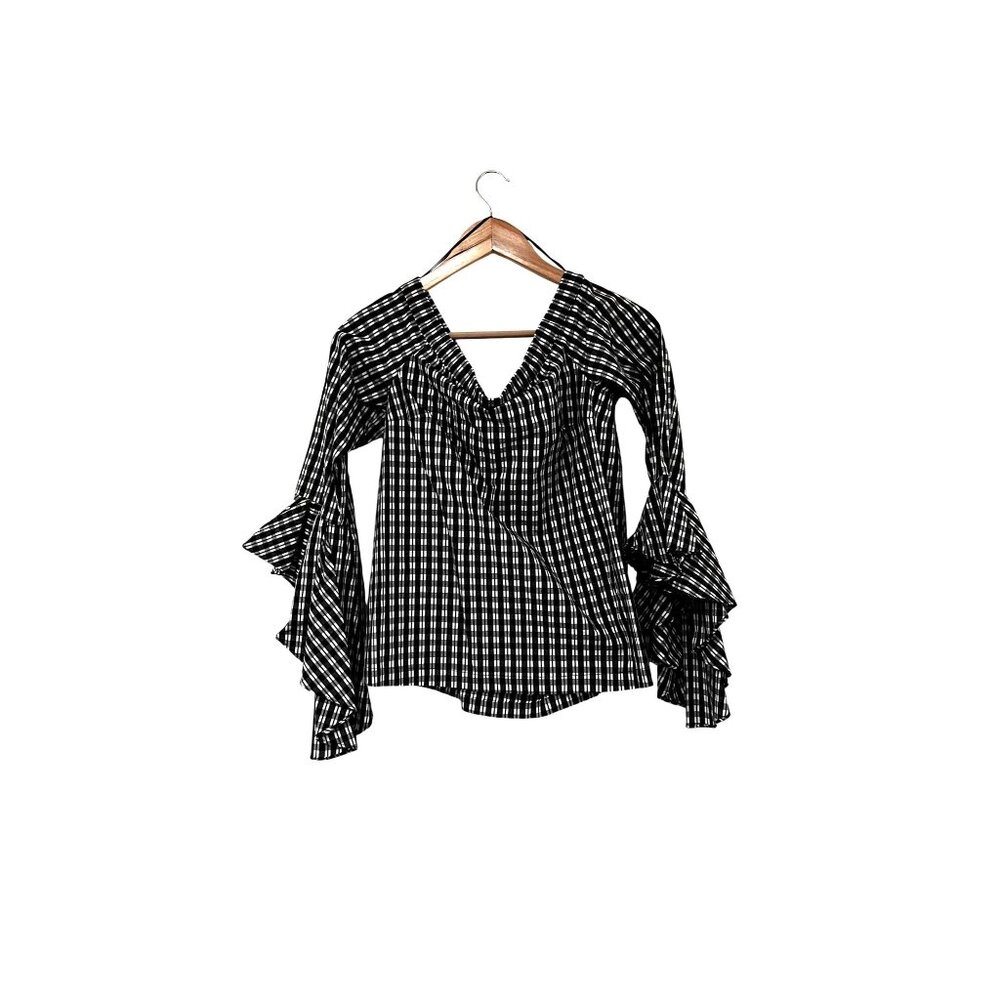 1State Women's Black & White Plaid Ruffled Bell Sleeve V-Neck Blouse Womens M